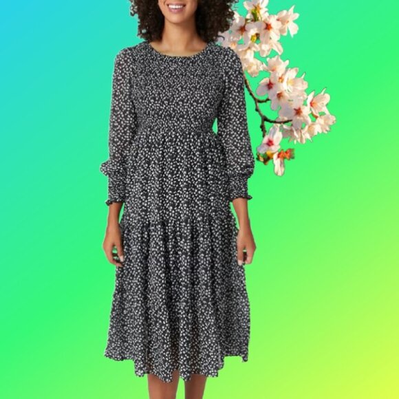 SHEIN Black and White Stretchy Smoked Bodice Boho Tiered Midi Dress Size 4 - Picture 6 of 6